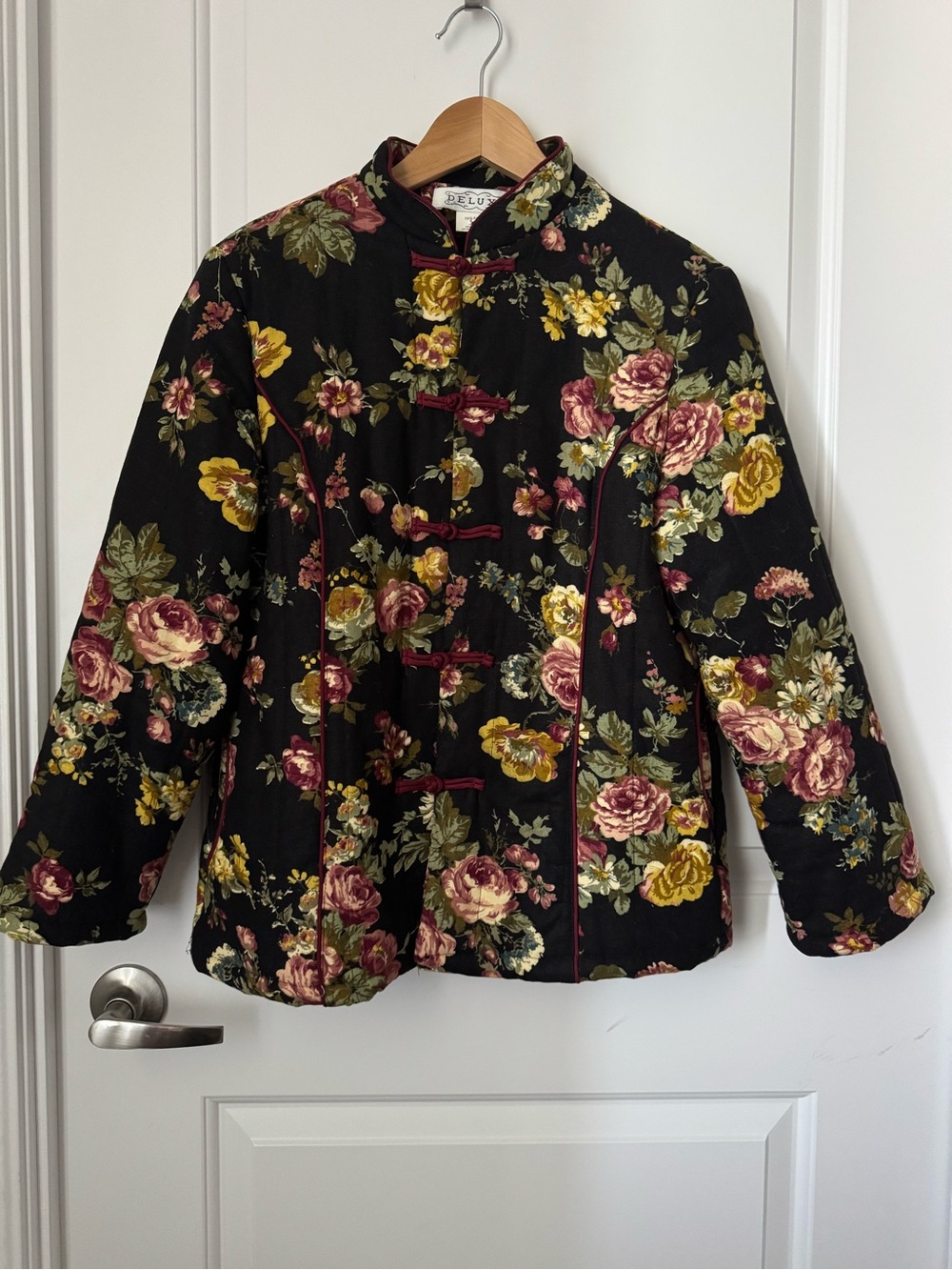 Deluxe Black Floral Asian Inspired Quilted Jacket with Frog Buttons